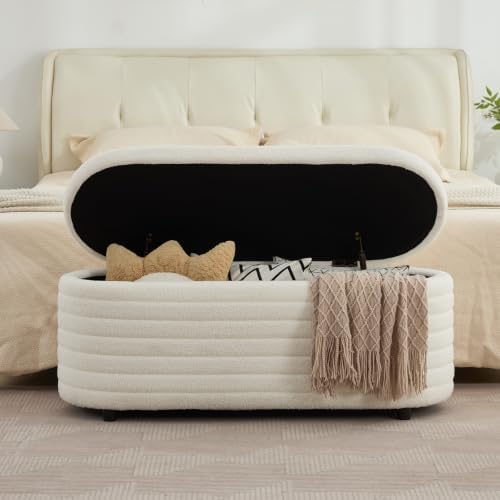 45.5" modern storage ottoman bench, white sherpa, front angle view