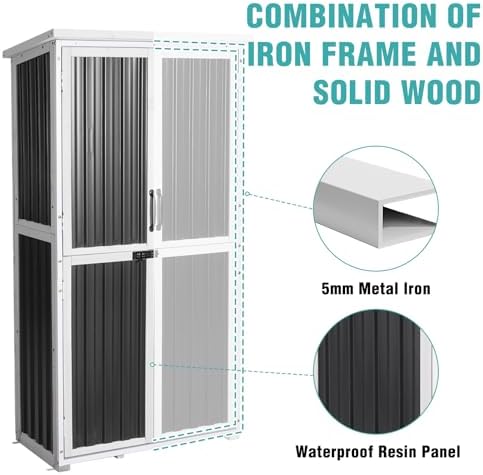5ft outdoor storage shed with 3-level adjustable shelves shown in use