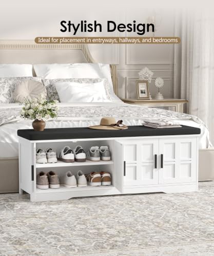 akxomel 47.2" shoe storage bench 4 doors wooden showing dimensions