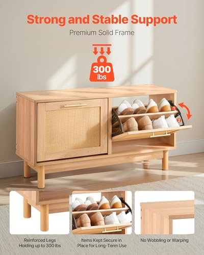 vevor rattan shoe storage bench, entryway bench with, side view