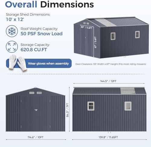 10x12 ft metal storage shed with window, lockable shown in use