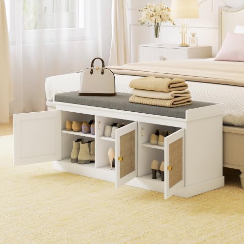 homcom shoe bench storage rattan doors 13.8 x, front angle view