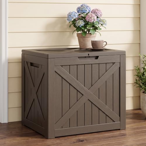 32 gallon waterproof resin storage deck box, light, front angle view