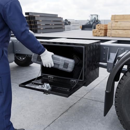 24 inch aluminum underbody truck toolbox with lock showing dimensions