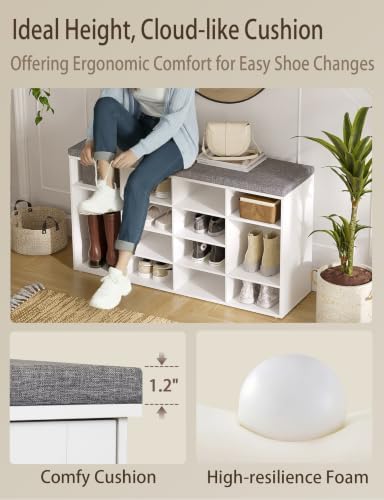 dinzi lvj shoe storage bench with cushion, 14-cubby, front angle view