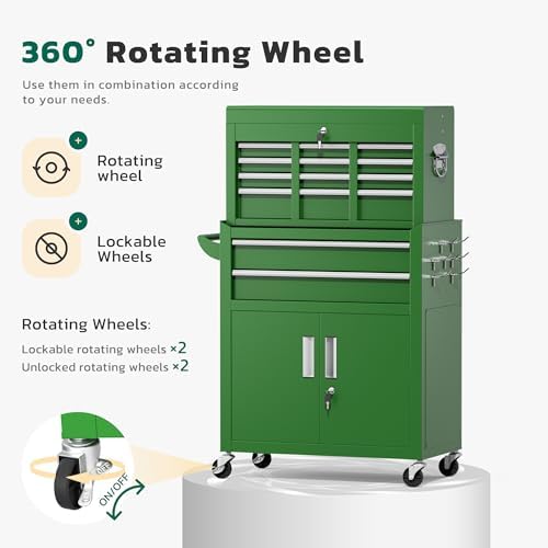 greenvelly 8-drawer tool chest with wheels, pre-assembled rolling showing dimensions