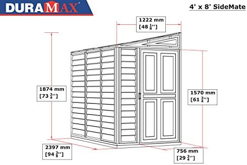 duramax sidemate 4x8 vinyl resin outdoor storage shed on a desk or shelf