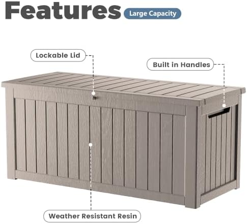 300 gallon resin large deck box organization and showing dimensions