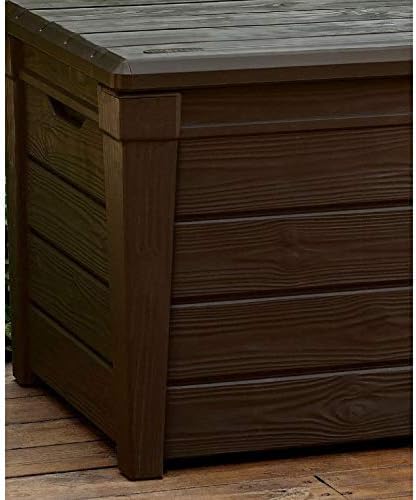 keter brightwood waterproof outdoor storage deck box, 120, front angle view