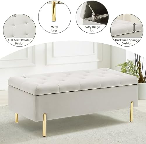 45.6 inch velvet storage bench upholstered tufted settee, side view