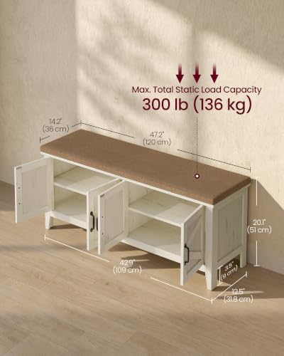 vasagle shoe bench, farmhouse entryway bench with cushion shown in use