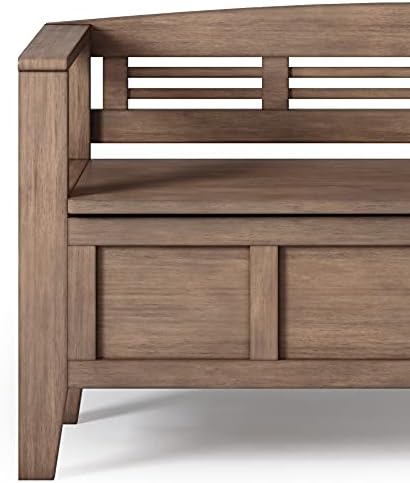 simplihome adams 48" wide solid wood storage bench on a desk or shelf