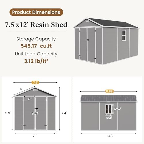 udpatio resin storage shed 7.5x12ft, outdoor plastic garden shown in use