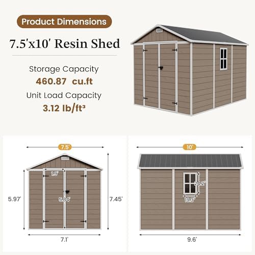 udpatio outdoor resin storage shed 7.5x10 ft, plastic shown in use