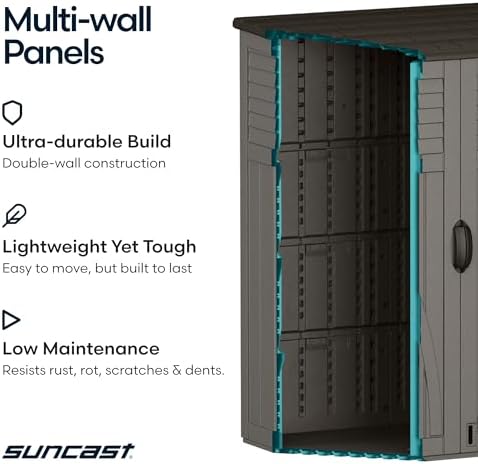 suncast 54 cu ft medium vertical storage shed on a desk or shelf