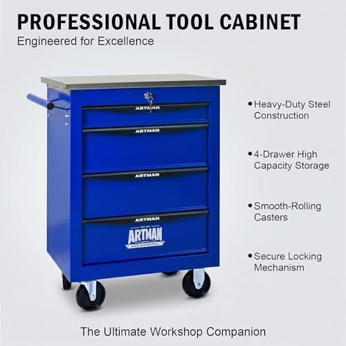 rolling tool chest,stainless steel worktop,blue,4‑drawer, close-up detail