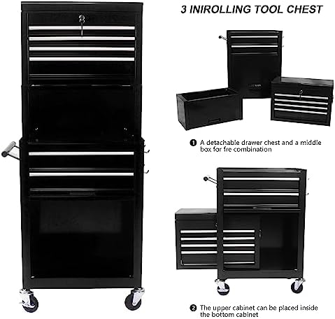 6-drawer tool chest, detachable top for garage, black, front angle view