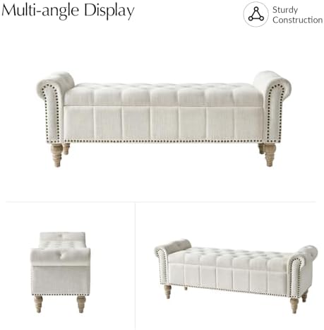 hulala home farmhouse storage bench, ivory, front angle view