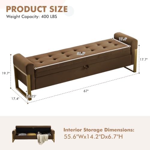 67" storage bench for bedroom, king size end shown in use
