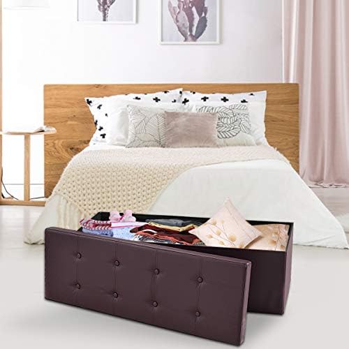 43" folding storage ottoman bench, faux leather storage showing dimensions