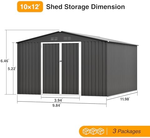 12ft dark grey outdoor storage shed, metal waterproof, side view