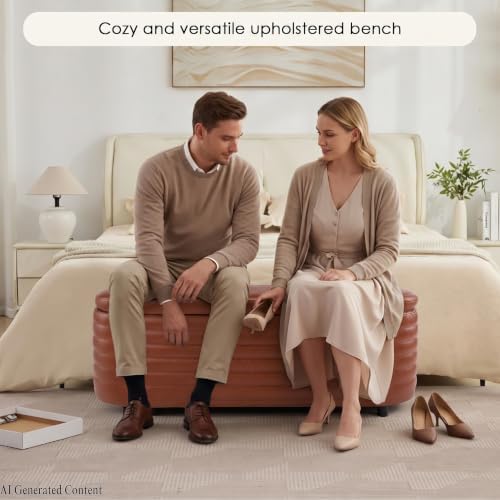 45.5" modern storage ottoman bench, brown leather, front angle view