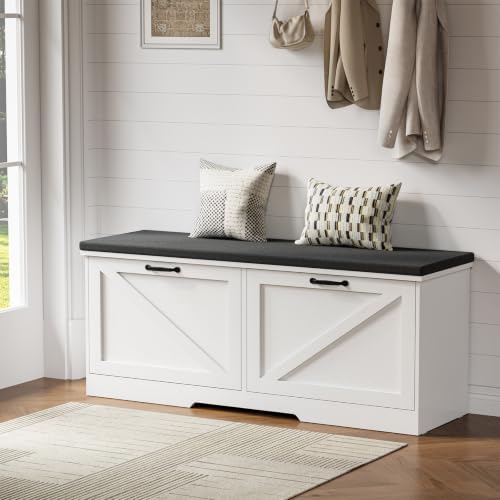farmhouse shoe storage bench with seat cushion &, side view