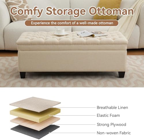 wututuee 50" fabric storage ottoman bench, upholstered rectangle showing dimensions