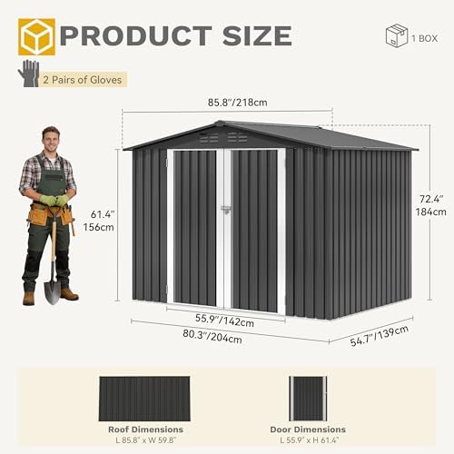 dwvo 7x5ft metal outdoor storage shed, waterproof tool, front angle view