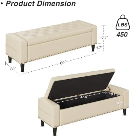60" storage ottoman bench, faux leather upholstered bed shown in use