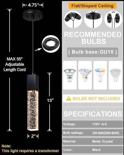 Mini Integrated Hanging Crystal Kitchen Island Modern Concise Pendant Ceiling Light Fixture,for Kitchen Island Dining Room Bedroom Hallway,UL Listed (Black, 3 Pack)