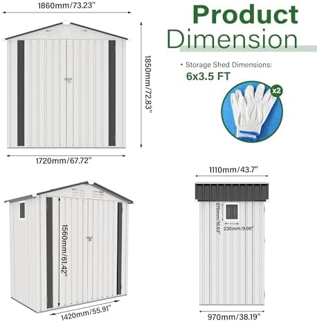 6x3.5 ft outdoor storage shed, small metal garden shown in use