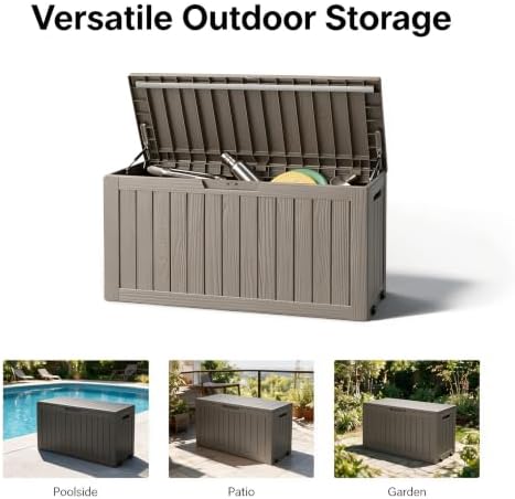 91 gal deck box,waterproof resin outdoor storage gas, front angle view