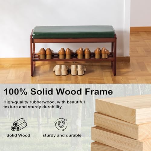 sobibo solid wood shoe bench, 2-tier wooden entryway showing dimensions