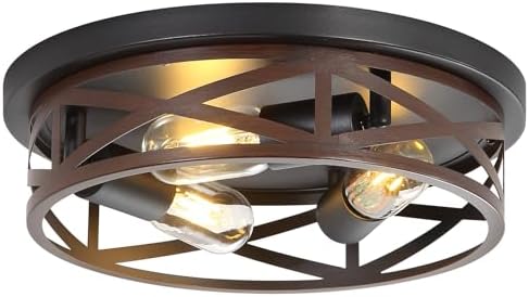 13 Inch Farmhouse Close to Ceiling Lights, Wood Finish Metal Cage Flush Mount Ceiling Light 3-Lights, Black Industrial Semi Flush Mount Ceiling Light for House Hallway Kitchen Bedroom