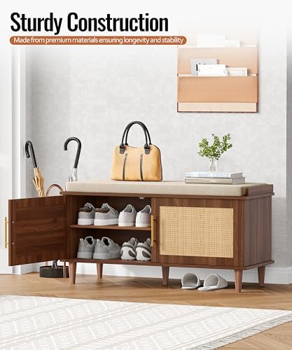 akxomel 39.4" rattan shoe storage bench 2 doors shown in use