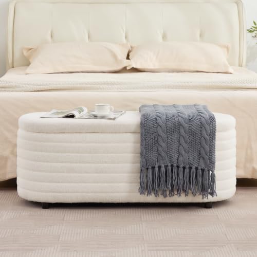 45.5" modern storage ottoman bench, white sherpa, close-up detail