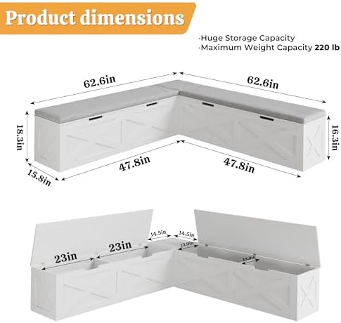 bobve l-shape storage bench with cushion, backless corner, close-up detail