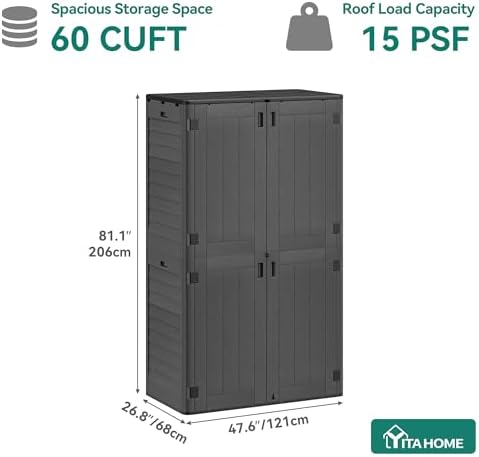 yitahome 60 cuft vertical outdoor storage shed w/o on a desk or shelf
