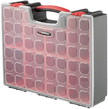intertool hardware organizer with 8 deep removable bins on a desk or shelf