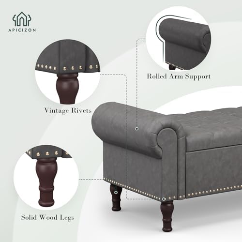 apicizon 60” bench with storage, upholstered tufted button, side view