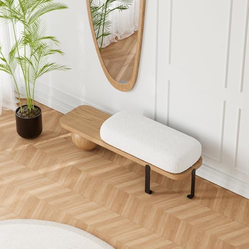 homary entryway bench, modern wooden boucle upholstered bench, side view