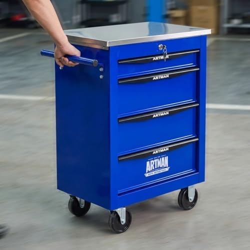 rolling tool chest,stainless steel worktop,blue,4‑drawer, front angle view
