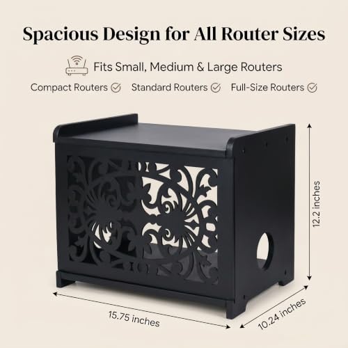 wooden wifi router hide box with cable management, close-up detail
