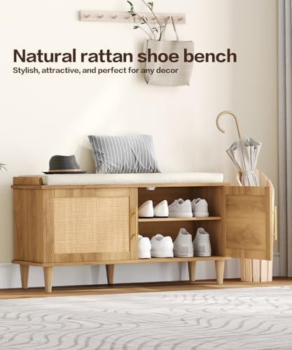 akxomel 39.4" rattan shoe storage bench 2 doors, close-up detail