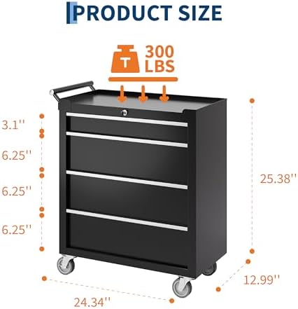 garvee rolling tool chest, 4 drawers tool storage, close-up detail