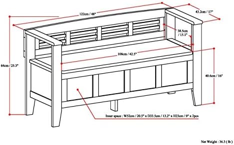 simplihome adams 48" wide solid wood storage bench, close-up detail