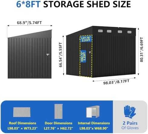 6x8 ft outdoor storage shed, metal garden shed shown in use