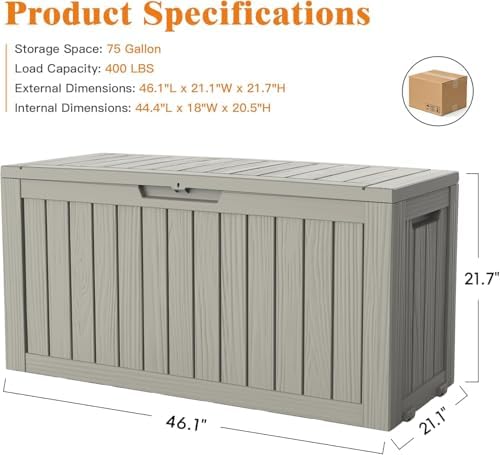 outdoor deck storage box, 75 gallon deck box,lockable, package contents