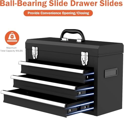 3 drawer metal tool box, heavy duty steel showing dimensions